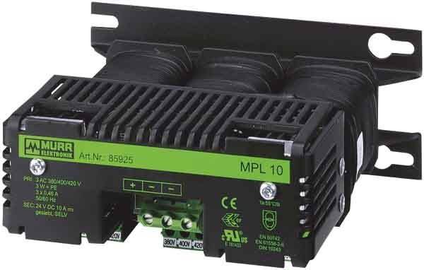 Industrieller Leistungsschalter mit Schutzabdeckung, gekennzeichnet mit MPL 10 und Art.Nr 85925, mit technischen Etiketten CE, UL und Spannungsangaben.