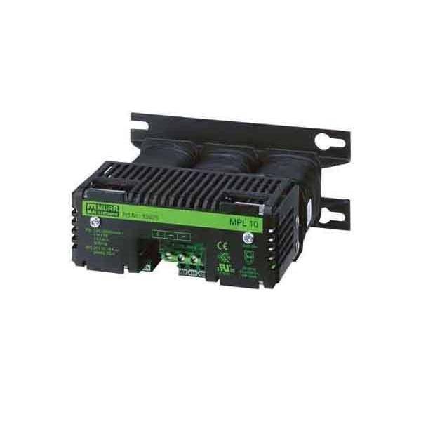 Ein schwarzes und grünes elektronisches Modul mit Anschlüssen, beschriftet mit ‚MPL 10', montiert auf einer Metallhalterung.