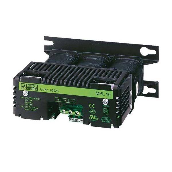 Eine schwarze und grüne Murr MPL 10 elektronische Komponente mit Modellnummer 85925. Sie verfügt über mehrere Anschlüsse und Verbinder an der Vorderseite.