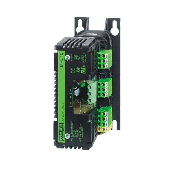 Eine Murr Elektronik MP-10 Stromversorgungseinheit mit sichtbaren Modell- und Anschlussdetails. Die Einheit ist auf einer schwarzen Metallhalterung montiert.