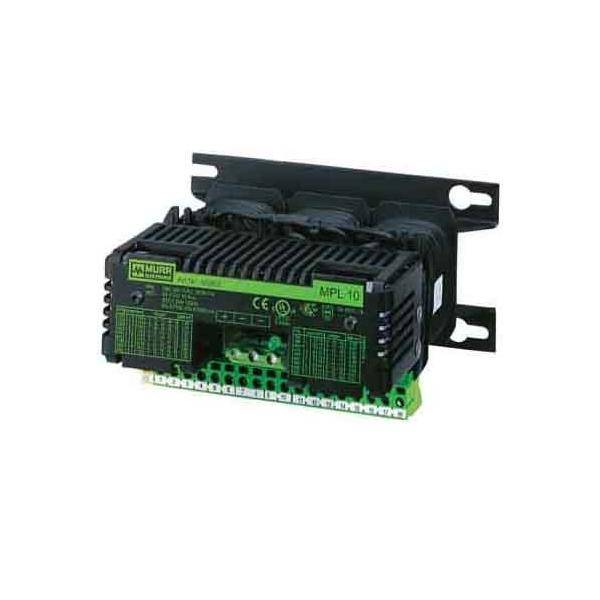 Ein industrielles elektrisches Gerät ist auf einer Metallhalterung montiert und weist mehrere Anschlüsse sowie die Beschriftung 'MPL-10' und technische Spezifikationen auf.
