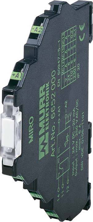Eine schwarze elektronische Komponente mit der Beschriftung 'MURR ELEKTRONIK', die Spezifikationen wie '24 V' und 'DC 250 V' sowie ein Schaltschema aufweist.