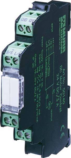 Ein DC-Motorsteuerungsgerät mit Modellnummer 501.40, verwendet zur Steuerung von 24 V DC-Motoren, dargestellt mit Anschlüssen und Schaltplan.