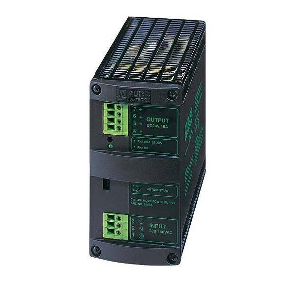 Eine schwarze industrielle Stromversorgungseinheit mit beschrifteten Eingabe- und Ausgangsklemmen für elektrische Anschlüsse, die in Automatisierungssystemen verwendet wird.