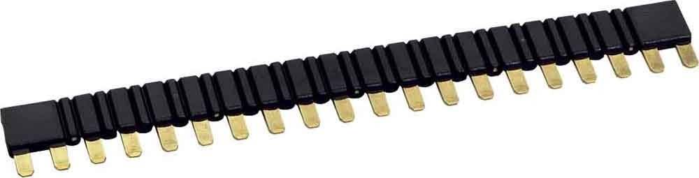 Eine Reihe goldener Stifte, die mit einer schwarzen Kunststoffbasis verbunden sind, höchstwahrscheinlich Teil eines Steckverbinders oder elektronischen Bauteils, in einer geraden Linie angeordnet.