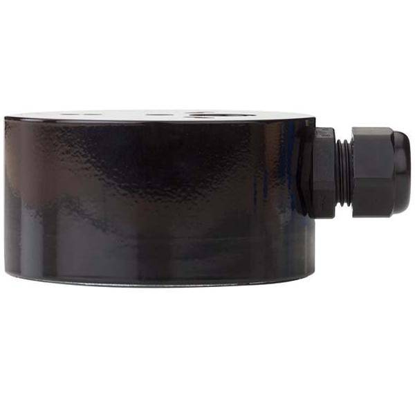 Eine schwarze zylindrische Industriekomponente mit einer Befestigungsbolzenanbringung an der Seite, die typischerweise in Maschinen oder elektrischen Systemen verwendet wird.