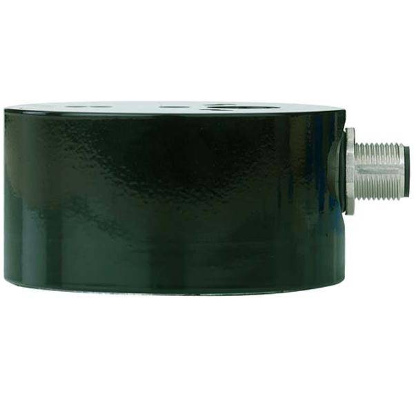 Ein grüner zylindrischer Lastmesszelle-Sensor mit einem Gewindekonnektor an der Seite, der zur Gewichts- oder Kraftmessung in industriellen Anwendungen verwendet wird.