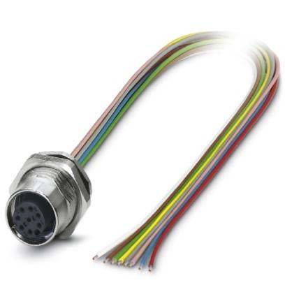 Ein mehrfarbiges Kabelbaum mit einem Metallstecker an einem Ende, der mehrere farbige Kabel umfasst, der für elektronische Geräte verwendet wird.