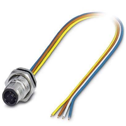 Ein Metallverbinder mit vier farbigen Kabeln (gelb, braun, blau, grün), die für elektronische oder elektrische Zwecke herausragen.