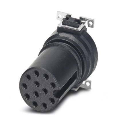 Eine Nahaufnahme eines schwarzen kreisförmigen Verbindungsstücks mit mehreren Löchern, das oben einen rechteckigen Verschluss aufweist und für elektronische Verbindungen verwendet wird.