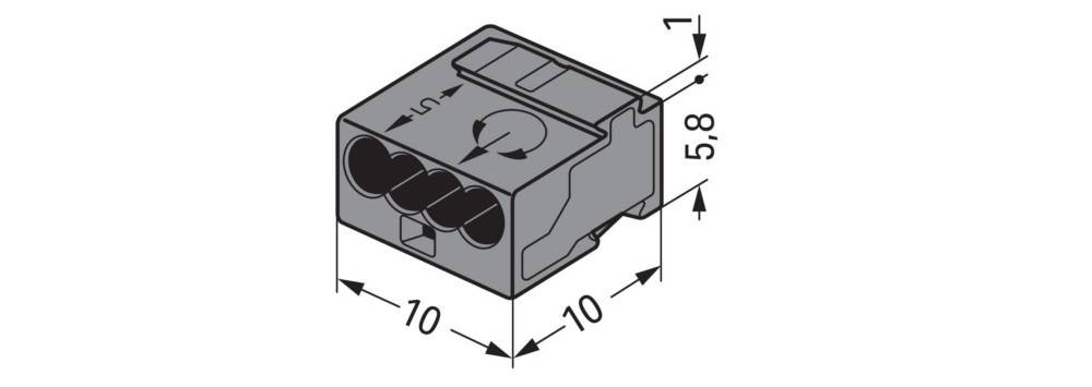Eine graue Schematik eines kompakten elektrischen Steckverbinders mit Abmessungen: 5,8 x 10 x 10 mm. Merkmale umfassen Kabelöffnungen und einen Verschließmechanismus.