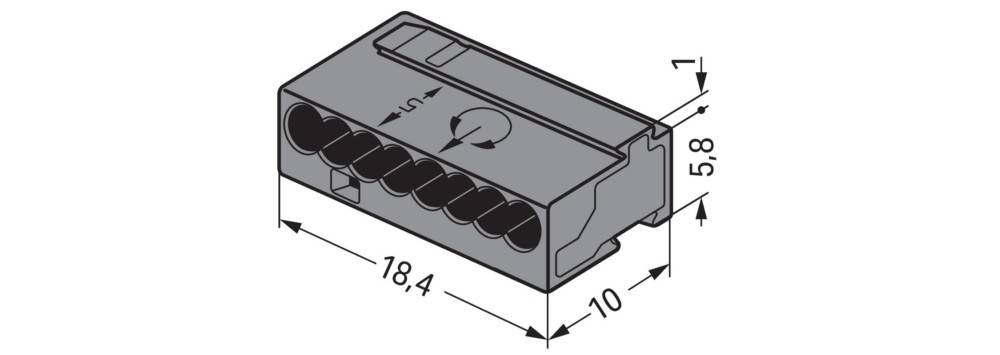 Darstellung eines rechteckigen elektrischen Anschlusses mit den Abmessungen 18,4 mm x 10 mm, der mehrere Twist-Lock-Anschlüsse zur Kabeleinführung zeigt.