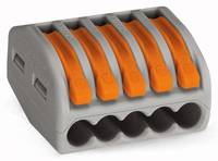 Ein grau-orangener Elektrokabelverbinder mit fünf Hebeln, der für einfaches Einfügen von Kabeln und sichere Verbindung konzipiert ist.