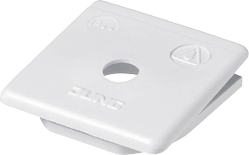 Ein weißes rechteckiges Panel mit einem Loch in der Mitte und einem kleinen dreieckigen Symbol in der Ecke.