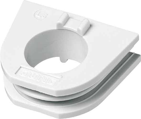 Eine weiße Plastikklammer mit einem kreisrunden Loch in der Mitte, die zum Befestigen von Gegenständen entwickelt wurde. Sie hat eine rechteckige Basis und Rillen für besseren Halt.