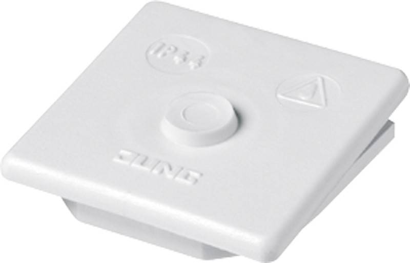 Eine weiße Kunststoff-Elektrokomponente mit einer zentralen kreisförmigen Taste, die geprägte Symbole wie ‚I/O' und ein Dreieck aufweist.