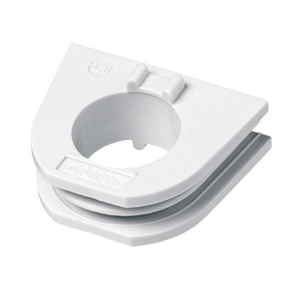 Eine weiße Kunststoff-Kabelklemme mit einer kreisförmigen Öffnung und einer flachen Basis, die zum Organisieren und Befestigen von Kabeln verwendet wird.