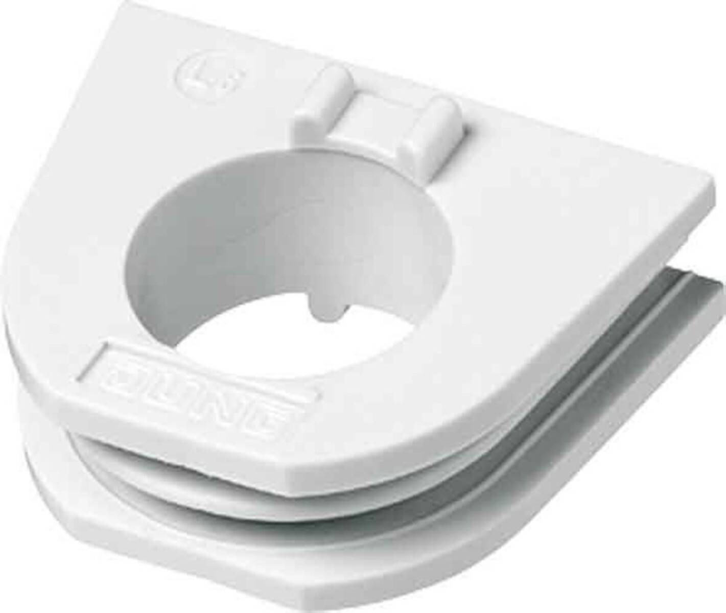 Eine weiße Klemme mit einer kreisförmigen Öffnung, die zum Befestigen oder Festhalten von Gegenständen entwickelt wurde.