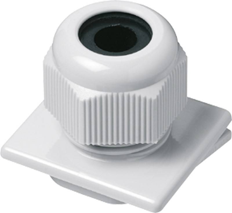 Eine weiße Kabelverschraubung, montiert auf einer quadratischen Basis, mit gerippter Gestaltung und kreisförmiger Öffnung, die dazu dient, Kabel sicher durch Oberflächen zu führen.