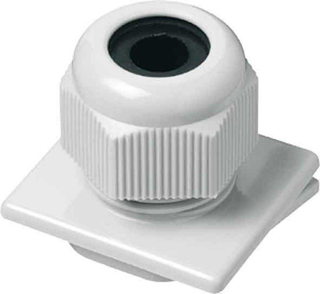 Eine weiße Kabelverschraubung mit einer Gewindekappe, montiert auf einer quadratischen Basis, die verwendet wird, um Kabel, die durch Öffnungen geführt werden, sicher zu versiegeln.