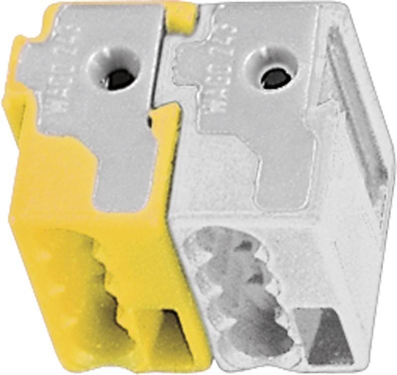 Zwei nebeneinander liegende Klemmenblöcke, einer gelb und einer weiß, mit Schraubanschlüssen und Markierungen auf der Oberseite.