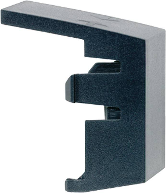 Eine schwarze, L-förmige Halterung mit einem Haken an der Innenseite, die zum Befestigen oder Verbinden von Komponenten verwendet wird.