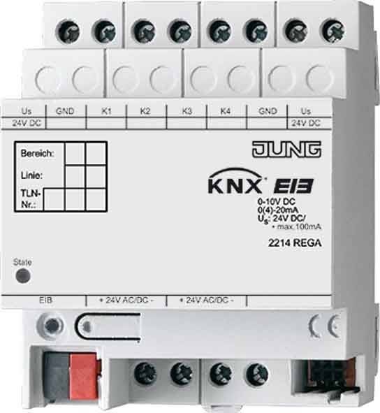 Jung KNX 2214 REG 4-Kanal-Aktor, DIN-Schienen-Montage, verwendet zur Steuerung elektrischer Schaltkreise. Frontansicht mit Anschlüssen und Beschriftungen.