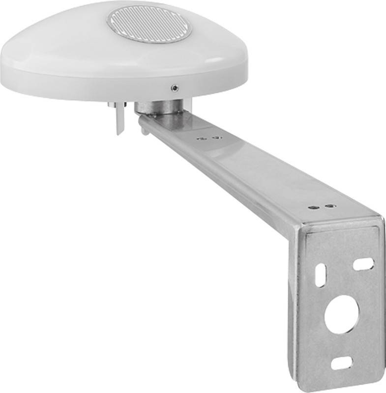 Eine weiße, kuppelförmige Antenne, die an einem Metallhalterung montiert ist, geeignet für den Außeneinsatz, mit einem Gitternetzmusters auf der Oberfläche zur Signalempfangung.