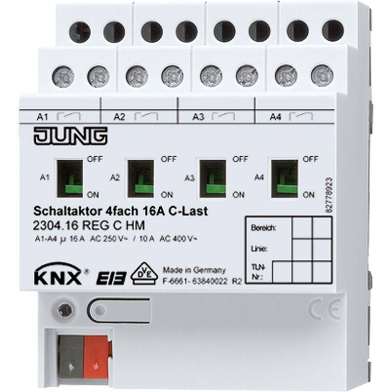 JUNG KNX 4-Kanal-Schaltaktor 16A mit vier EIN/AUS-Schaltern und Anschlussklemmen A1-A4.