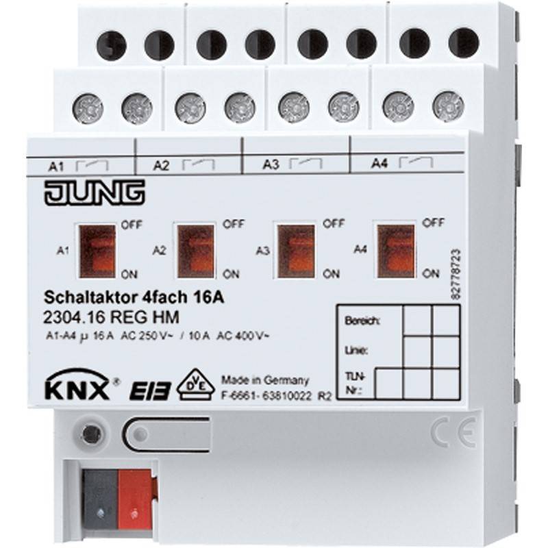 JUNG KNX 4-Kanal-Schaltaktor-Modul, gekennzeichnet als 'Schaltaktor 4fach 16A', mit vier Ausgangsindikatoren und Anschlussklemmen.