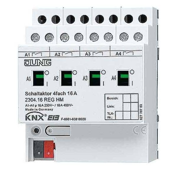 JUNG KNX 4-Kanal-Schaltaktuator-Modul mit vier gekennzeichneten Statusanzeigen und Anschlußklemmen auf einem weißen DIN-Schienen-Gerät.
