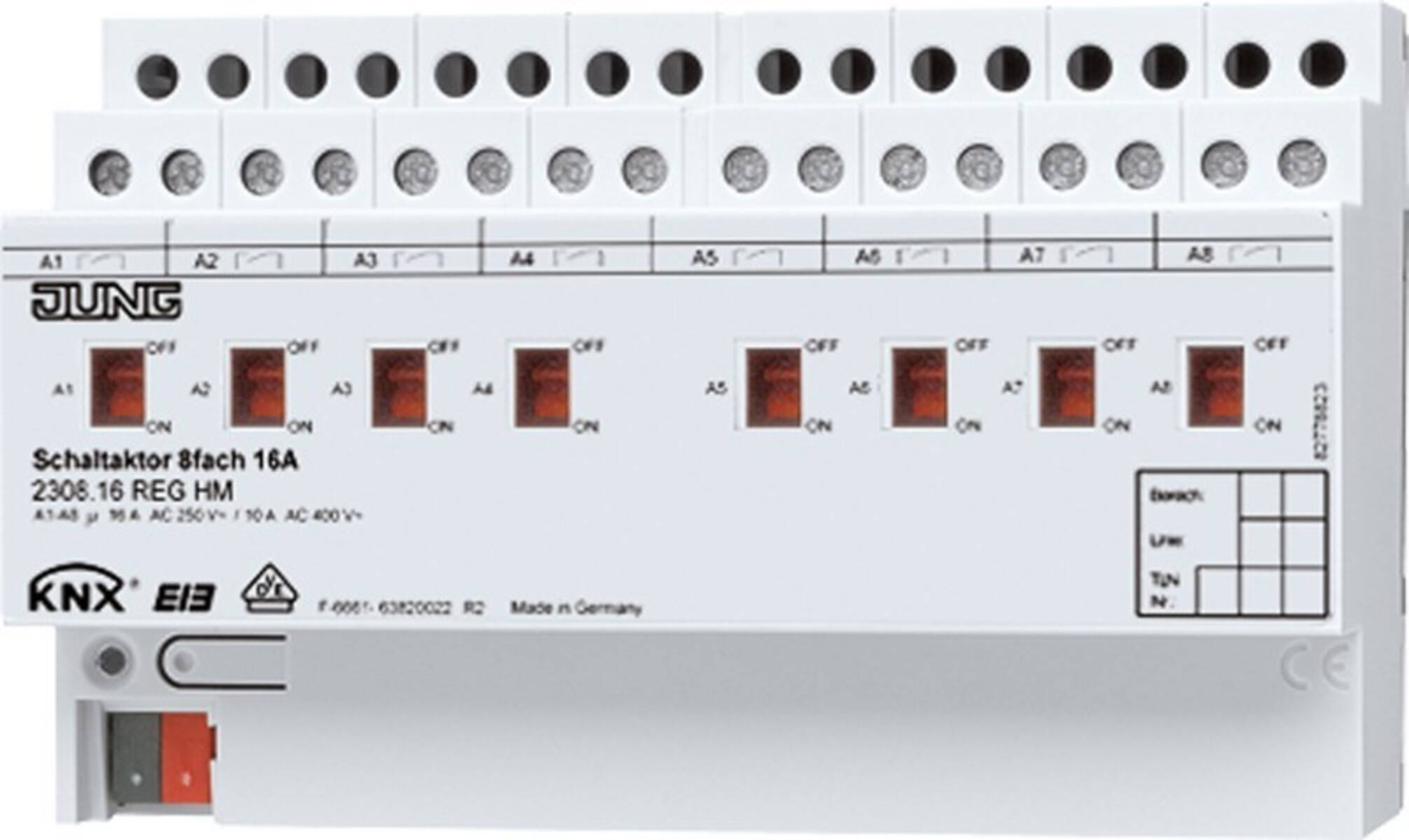 Elektrische Schalttafel mit mehreren Sicherungsautomaten, von A1 bis A7 beschriftet, mit Kippschaltern in Ausschaltposition.
