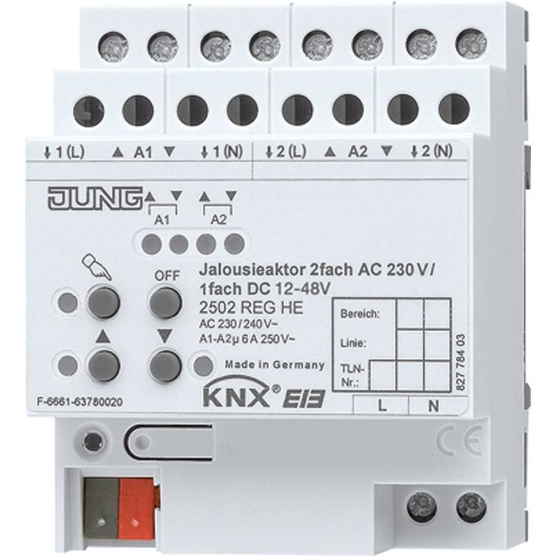 Weißes JUNG KNX EIB Relaisaktoren-Modul mit der Bezeichnung „Jalousieaktor 2fach AC 230 V / 1fach DC 12-48V