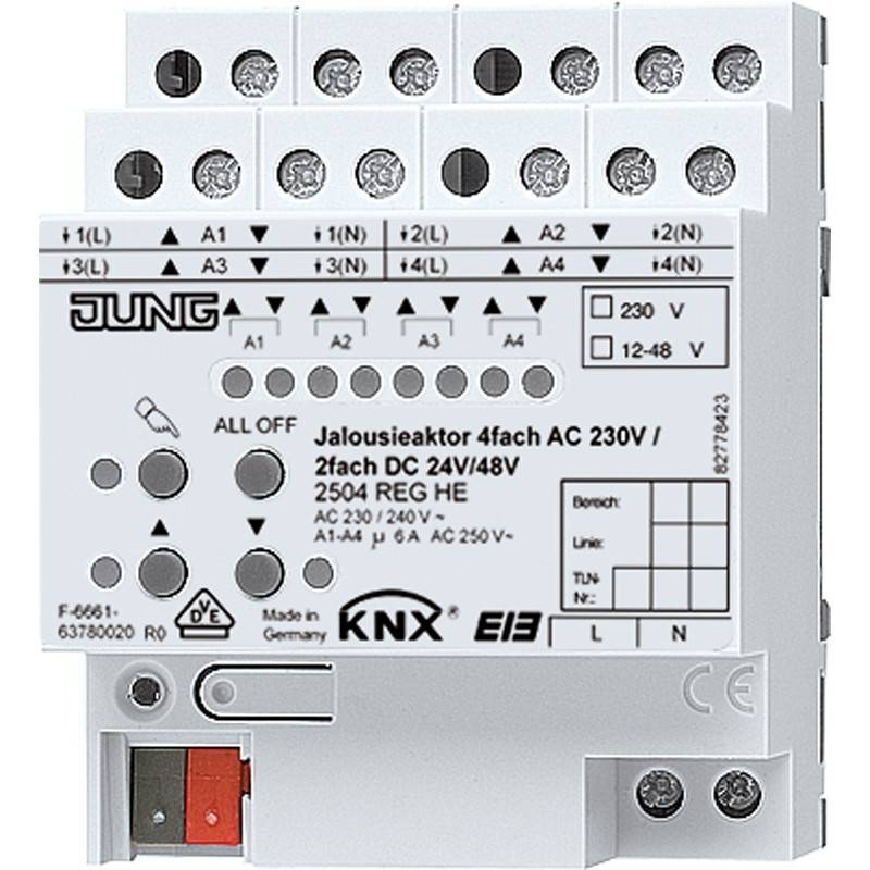 JUNG KNX Relaismodul mit der Bezeichnung „Jalousieaktor 4fach AC 230V / 2fach DC 24V/48V