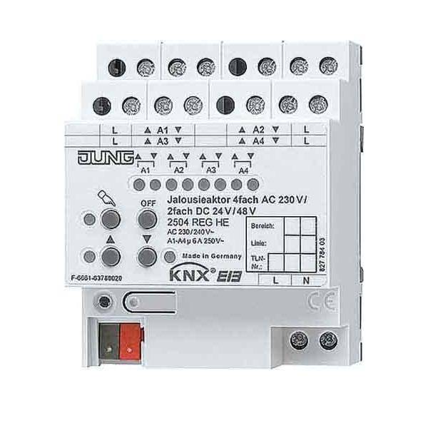 Weißes JUNG KNX/EIB Jalousie-Aktor-Modul mit beschrifteten Anschlüssen und Steuertasten für Rollläden/Jalousien.