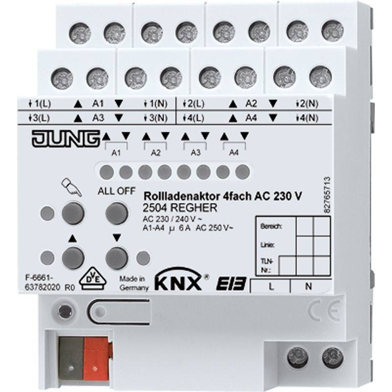 JUNG KNX 4-Kanal-Wechselstrom-230V-Rollladenantrieb-Modul mit beschrifteten A1-A4-Steuerungen und Anschlussmarkierungen.
