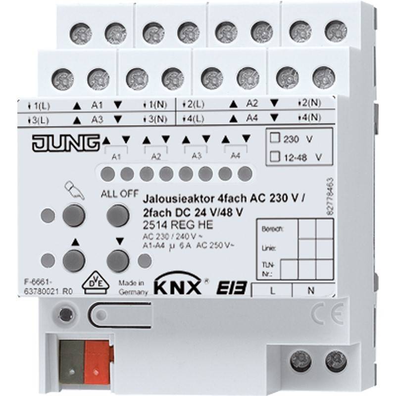 Weißes JUNG KNX-Jalousieaktor-Modul mit beschrifteten Anschlüssen, Zustands-LEDs und Spannungsoptionen zur Steuerung von vier Jalousienkreisen.