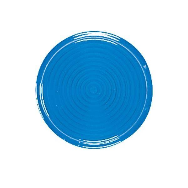 Ein runder, glatter, solider blauer Frisbee mit konzentrischen Kreismustern auf der Oberfläche, vor einem schlichten weißen Hintergrund.