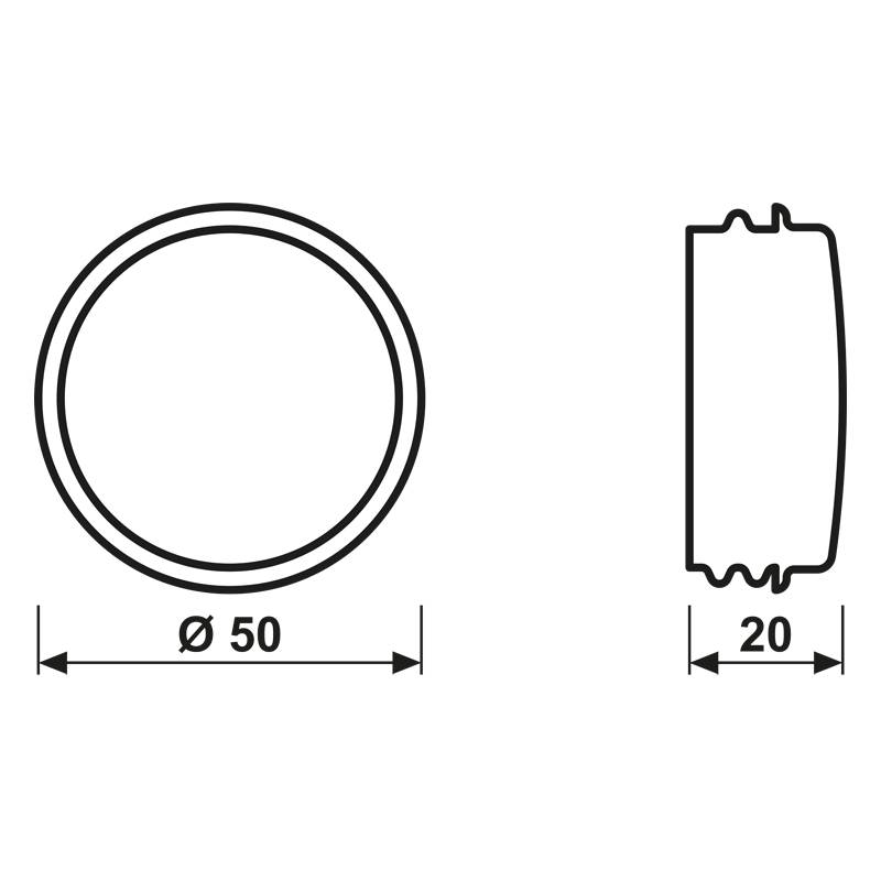 Technische Zeichnung eines zylindrischen Objekts; Linke Ansicht zeigt einen Kreis mit der Beschriftung 'Ø 50', rechte Ansicht zeigt Seite mit der Beschriftung '20'.