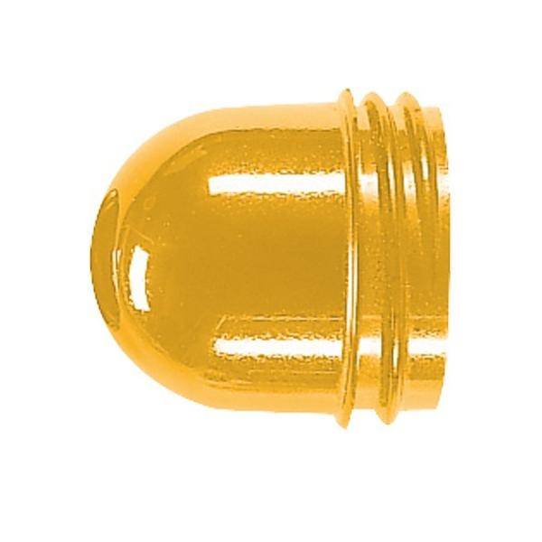 Eine kleine gelbe Kappe oder ein domförmiges Objekt mit Rillen an einem Ende, möglicherweise als Schutzabdeckung oder zum Aufsetzen auf eine andere Komponente verwendbar.