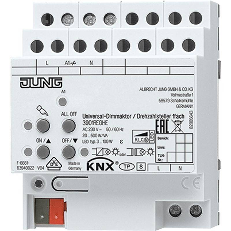 Weißes Jung KNX Universal-Dimmer-/Drehsteller-Modul mit beschrifteten Anschlüssen und technischen Spezifikationen auf der Frontplatte.