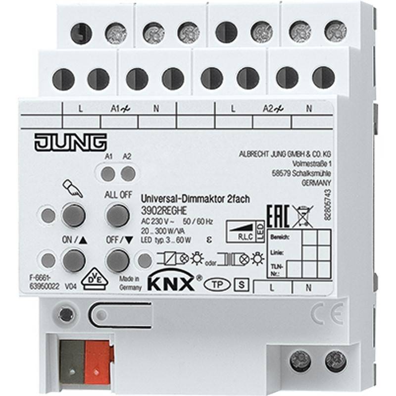 JUNG KNX universal dimmer actuator module mit beschrifteten Anschlüssen und Steuertasten auf einem weißen DIN-Hutschienen-Gerät.