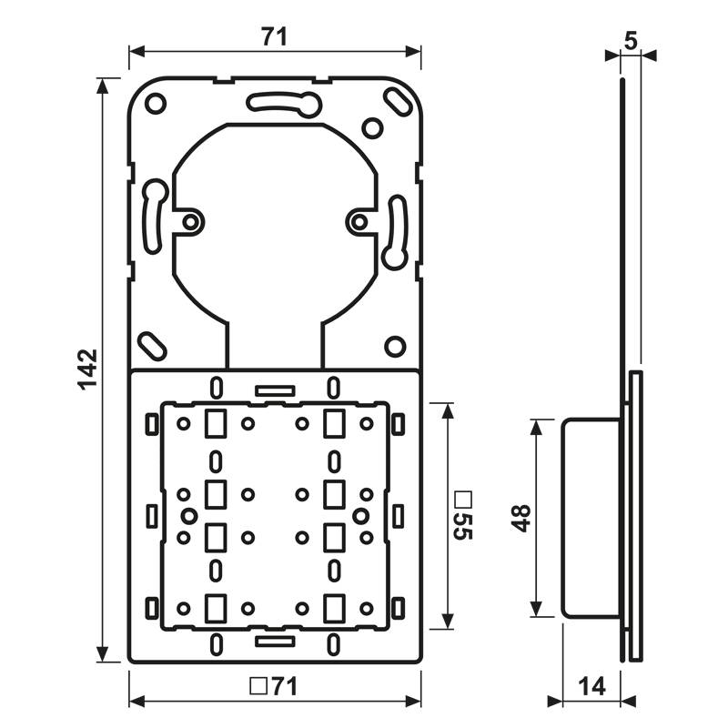 Technische Zeichnung einer rechteckigen Befestigungsplatte mit Abmessungen: 71 mm Breite, 142 mm Höhe und 5 mm Tiefe.
