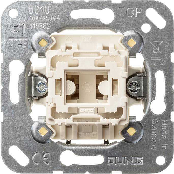 Eine wandmontierte elektrische Schalterblende, gekennzeichnet mit '531U 10A/250V~ 119582', mit Metallkanten und Anschlüssen.