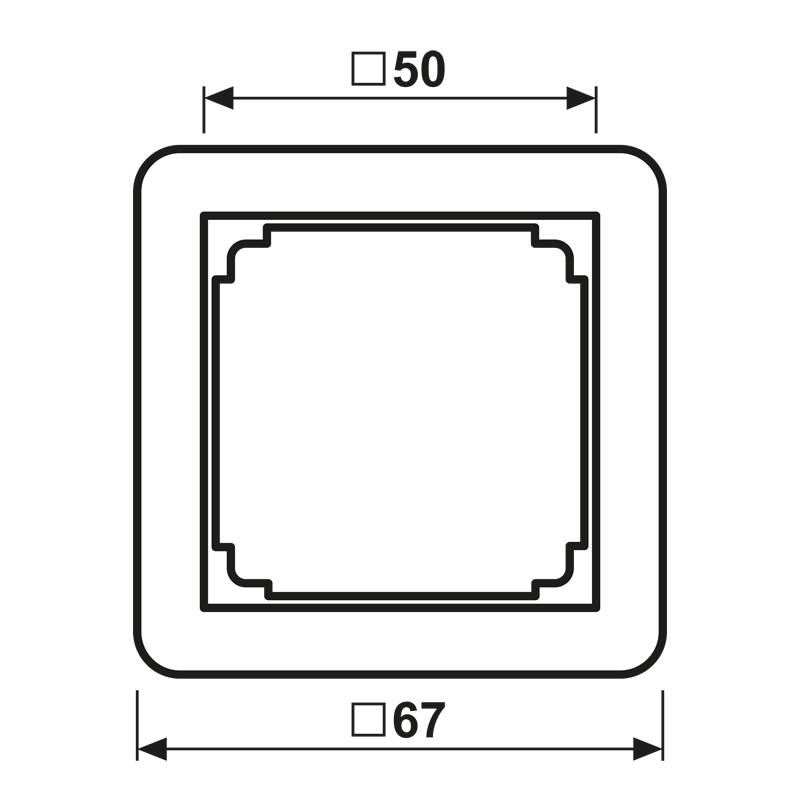 Ein quadratischer Rahmen mit äußeren Abmessungen von 67, einem schwarzen Innenbereich von 50, auf einem schwarzen Hintergrund. Keine zusätzlichen Kontextinformationen bereitgestellt.