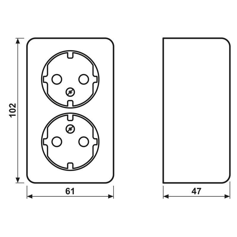 Technische Zeichnung einer doppelten Steckdose; Abmessungen: Höhe 102 mm, Breite 61 mm, Tiefe 47 mm.