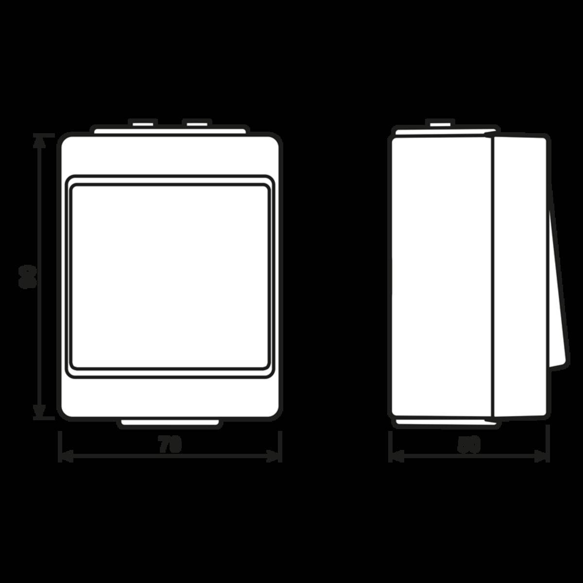 Vorder- und Seitenansicht-Illustrationen einer Smartwatch. Die Vorderseite ist quadratisch mit einem Bildschirm. Abmessungen markiert: 38 mm hoch, 70 mm breit, 9 mm dick.
