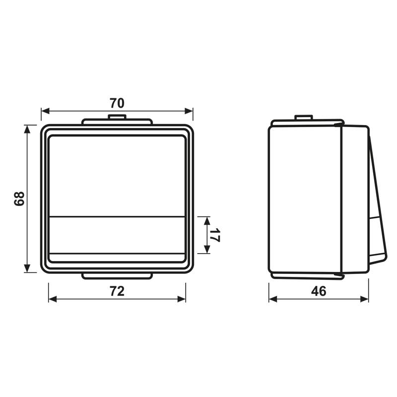 Technische Zeichnung eines quadratischen Geräts mit Abmessungen: Höhe 68 cm, Breite 72 cm und Tiefe 46 cm, Vorder- und Seitenansicht.