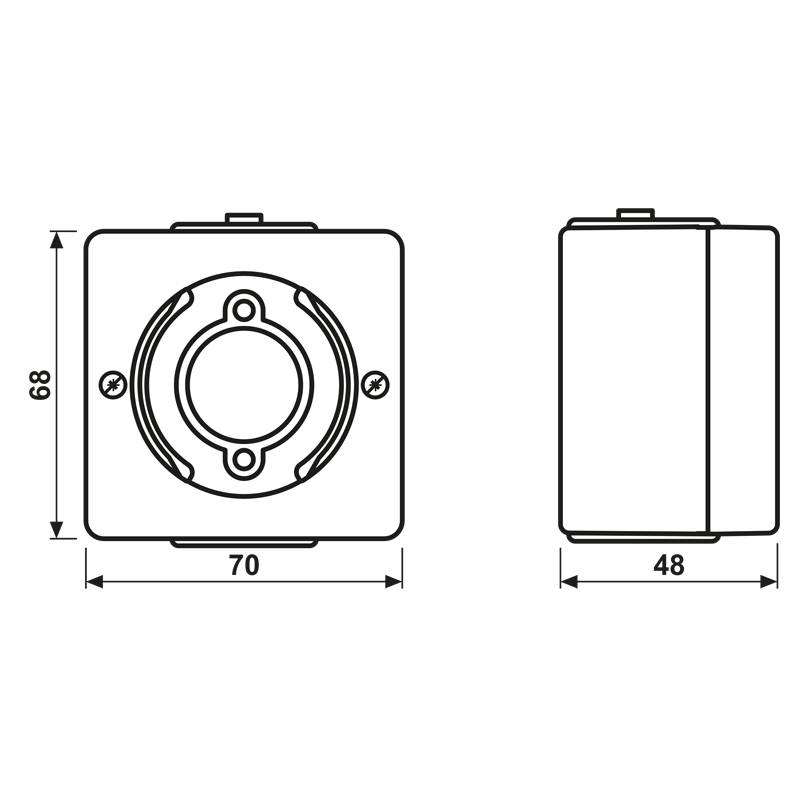 Technische Zeichnung einer quadratischen Montageplatte mit Seiten- und Frontansicht. Abmessungen 70x68 mm Front, 48 mm Seite. Merkmale: zentrale kreisförmige Komponente und Schrauben.