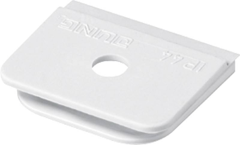 Eine weiße Plastikklammer mit einem kreisförmigen Loch in der Mitte, die zur Befestigung oder Anbringung verwendet wird.